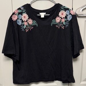 H&M Black Short Sleeve Tee with Pink & Light Blue Floral Embroidery